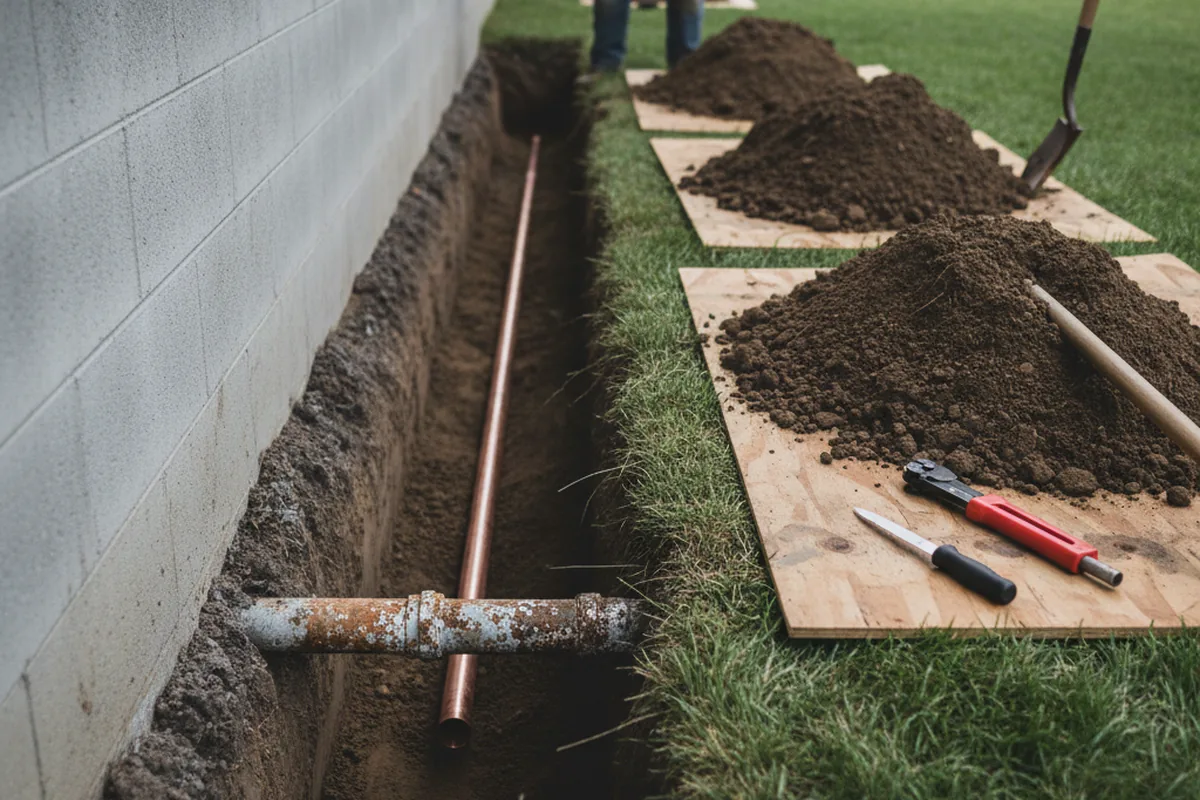 Excavated water line trench during Sewer Line Repair in Centerton